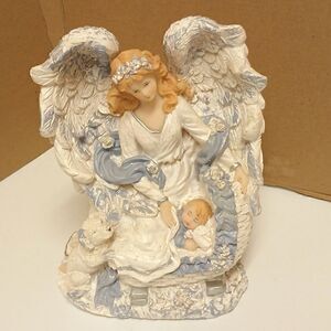 Angel Watching Over Infant, Blue/White Figurine, Sparkly